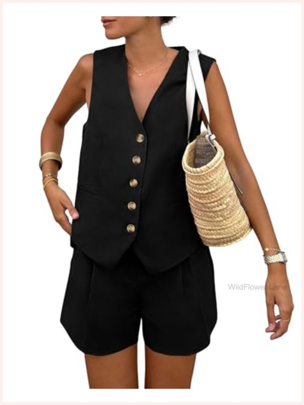 Women's Summer Two Piece Outfit: Sleeveless Button Vest & High Waisted Shorts